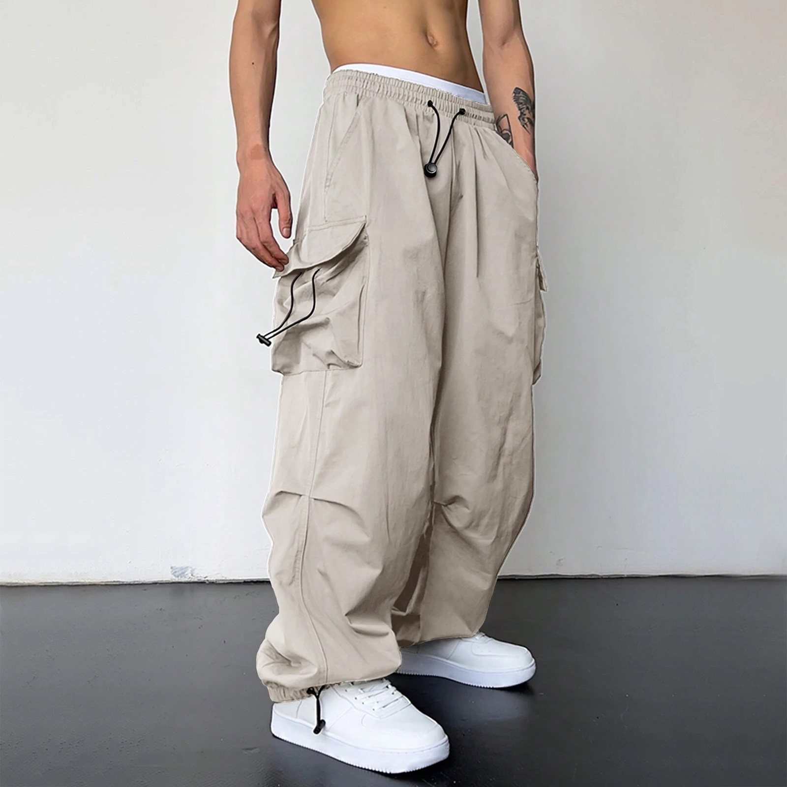 thumbnail image 5 of Pantalones cargo deportivos de cintura informal para hombre - Bolsillo tejido con cordón - Ropa urbana para todas las estaciones, 5 of 8